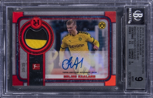 2019/20 Topps Museum Collection Bundesliga Museum Autograph Relics Ruby #MAREH Erling Haaland Signed Patch Card (#09/25) - BGS MINT 9/BGS 10 - Haalands Jersey Number!